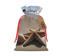 Starfish Seashell Sandy Beach Print Christmas Drawstring Gift Bags With Cards For Xmas Party Decorations Holiday