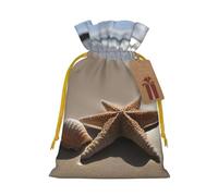 Starfish Seashell Sandy Beach Print Christmas Drawstring Gift Bags With Cards For Xmas Party Decorations Holiday