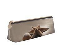 Starfish Seashell Sandy Beach Print Large Capacity Leather Pencil Case Smooth Zippered Pen Pouch School Travel Makeup
