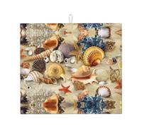 Starfish Seashell Sandy Beach Theme Printing Cute Drying Mat for Kitchen Aesthetic Absorbent Drainer Mat Kitchen Drying Mat Easy to Clean
