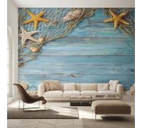 Starfish Seashell Wallpaper, Wood Plank Ocean Theme Wall Mural for Living Room, Bedroom, Non-Woven Wall Papaer Decoration, Photo Wallpaper & Home Decor, 250x175 cm (WxH) K-MZ&22