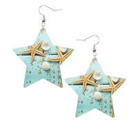 Starfish Shell Blue Wood on Beach Scenery Women's Fashion Earrings, Celestial Dangle Earrings, Star Shape Jewelry for a Versatile