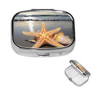 Starfish Shell Sunny Beach Pill Box 2 Compartment Medicine Pill Organizer Square Pill Case for Purse & Pocket Travel Pillbox Portable Metal Medicine Vitamin Fish Oil Organizer Unique Gift