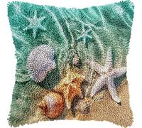 Starfish Shells and Conch on Beach DIY Latch Hook Kits Pillow with Printed Canvas Cushion Crochet Yarn Embroidery Hook and Latch Kit Pillowcase Christmas Decor 43x43cm(11)
