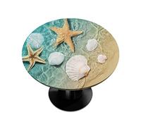 Starfish Shells Beaches Round Fitted Tablecloth, Summer Sea Round Table Cloth with Elastic Edged, Waterproof Wipeable Table Cover Fits Tables up to 36”-42” Diameter