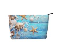 Starfish Shells Net Wooden Background, Cosmetic Bag Corduroy Makeup Bag Portable Travel Toiletry Bag
