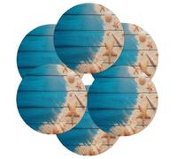 Starfish Shells Wood Grain Round Placemats Set of 6, Summer Seaside Polyester Non-Slip Table Mats Washable Placemat Decoration for Kitchen Dining Table