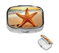 Starfish Square Metal Pill Box 2 Compartment Cute Travel Pill Organizer Case Portable Medicine Vitamin Organizer Pill Case for Women Men Travel Unique Gift