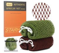 Starhot 2 Pack African Net Sponge Authentic with Knots, Colourfast Exfoliating Body and Back Scrubber Set, Extra Long Quick-Dry Shower Nets with Thick Ropes, Gift Box and Zipped Storage Bag
