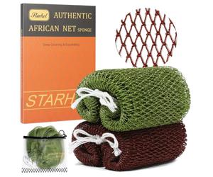 Starhot African Net Sponge, Exfoliating Body & Back Scrubber, 2 Pack | Brown & Green, Grip ropes for two-handed washing, lathers with body wash, open weave for rinsing, hangs open to dry after use