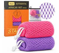 Starhot African Net Sponge, Exfoliating Body & Back Scrubber, 2 Pack | Pink & Purple, Grip ropes for two-handed washing, lathers with body wash, open weave for rinsing, hangs open to dry after use