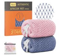 Starhot African Net Sponge, Exfoliating Body & Back Scrubber, 2 Pack | Slate Blue & Bean Paste Pink, Flexible mesh with knots, lathers with body wash, open weave for rinsing, hang to dry after use