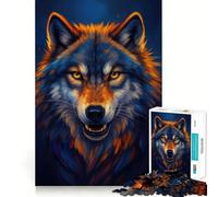 Staring Wolf Portrait with Blue And Orange Fur Hard Jigsaw Puzzle for Adults 1000 Pieces Smart Toy Casual Fun Accurate Cut Artistic Gift 50x75cm
