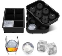 Stark Home Pack of 2 Black Square & Round Silicone Ice Cube Trays, Reusable Ice Trays, BPA Safe Large Ice Cube Moulds for Whiskey, Cocktails, and Party Drinks