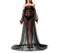 starkit Women's Off Shoulder Maternity Dress for Photoshoot Long Sleeve Dot Print Sheer See Through Lace Maxi Long Dresses (Black, XL)