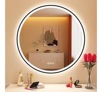 STARLEAD 700 mm Round-Bathroom-Mirror-with-LED-Lights and Bluetooth, LED-Bathroom-Wall-Mirror with Anti-Fog, 3 Colors Dimmable, Memory Function, Tempered Glass, IP44, Black Painted, Not Metal Frame