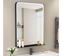STARLEAD 800x600 mm Bathroom-Mirror-With-LED-Lights and Shelf, LED-Bathroom-Mirror with Demister, Dimmable, 3 Light Colours, Memory, IP44, HD Tempered Glass, Black Aluminium Frame