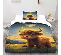 Starlight Highland Cow Bedding Set 3D Digital Printing Animal Themes Domesticated Animals Duvet Cover Set 2 Pieces Microfiber Comforter Cover for Boys & Girls with Pillowcase Single（135x200cm）