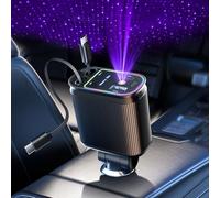 Starlight Retractable Car Charger with Dual Type C Cables, 66W Starlight in Car roof 4 in 1 Retractable Car Phone Charger Adapter, Fast Charging USB C Cable, Compatible with iPhone 17/16/15/14