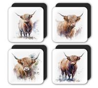 Starlight Set of 4 Highland Cow Coasters - Perfect for Home or Bar - Brown and White - Square - Rubber