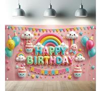 Starlit Patio Kawaii Birthday Party Backdrop: Rainbow Cloud Cupcake Banner with Balloons, Polyester, 71 x 43 Inch
