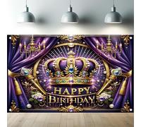 Starlit Patio Royal Birthday Backdrop 71 x 43 Inch Purple and Gold Crown Party Banner Luxury Happy Birthday Decorations Elegant King Queen Theme Photo Booth Background for Adults Kids Celebration