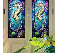 Starlit Patio Seahorse Stained Glass Window Film 17.7x39.3 Inch Static Cling Privacy Window Sticker No Glue Light Filtering Decorative Ocean Theme Glass Decal for Bathroom Kids Room Doors Panels