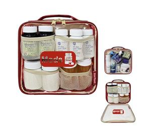StarPlus2 Medium Travel Pill Bottle Organizer, Clear Medicine Bag, 2 Zipper Compartments with Divider and Mesh Pockets, Easy View of Medications, Medical Supplies, and Toiletries, PVC - Red