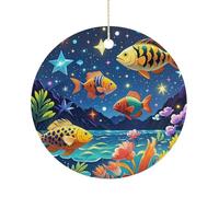 Starry and Fish Double-Sided Ceramic Christmas Ornaments - Round Hanging Mini Xmas Tree Decorations, Ideas for Farmers, Rustic Home Decor for Indoor Outdoor Tree Decor