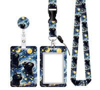 Starry Black Cat Retractable ID Badge Holder with Lanyard, Cute Badge Reel Clip and Vertical Card Holder for Nurse Teacher Doctor Student