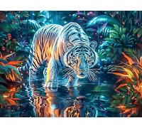 Starry Colorful White Tiger 300 Pieces Set Classic Jigsaw Puzzle Luminous Enchanted Beasts Couple Puzzle Partners Mind Relaxation Wall Decor Easter New Year Recycled Cardboard 300 PCS/40x28cm
