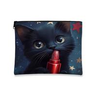 Starry Cosmic Cat Makeup Bag, Adorable Glittery Space Travel Cosmetic Bags for Women, Portable Small Canvas Zipper Pouch, Holiday Gift Toiletry Bag Organizer, black, 7x9 Inch, Cat