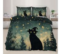 Starry Forest Duvet Cover King Black Cat Comforter Set Night Starry Sky Bedding Set Natural Landscape Quilt Cover with Zipper Closure for Bedroom