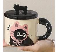 STARRY G Ceramic Coffee Cup with Lid & Handle, Cute Drinking Cup, Cat Design Coffee Mug Set with Gift Box, Tea Mug - 360ml Kitty Tea Cup for Afternoon Tea and Gift Giving (Pink)
