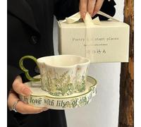 STARRY G Ceramic Coffee Cup with Spoon & Four-Leaf Clover Saucer Set - 260ml Floral Ceramic Tea Cup with Green Handle, Elegant Coffee Mug Set, Aesthetic Gift Mug with Gift Box