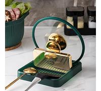 STARRY G Kitchen Utensil Rest with Drip Pad, Cooking Spoon Rest with Lid Holder, Heat-Resistant Pot Lid Stand Holder, Countertop Organiser Rack for Ladles, Tongs, Spatula, Simple Flatware Rack -Green