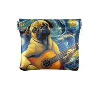 Starry Guitar Brown Pug Dog Women's Leather Coin Purse Unique Mini Card Holder Wallet for Girls Women Ladies