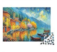 Starry Lake Town 1000 Pieces Jigsaw Puzzles for Weekend Hobbyists Sturdy Cardboard Italian Lakeside Village Print Home Decoration Wall Display Spring Festival Gift Brain Game Puzzle 52x38cm/1000pcs