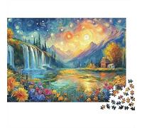 Starry Landscape 1000 Piece Sturdy Cardboard Jigsaw Puzzle Set for Adults Kids 12+，Waterfall Valley，Educational Game Activity Beautiful Decoration 38x26cm/1000pcs