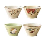 Starry Mart Ceramic Bowl Set - Cute Designs, 13cm Diameter, 8cm Height - Japanese Style Small Serving Bowls (Set of 4)