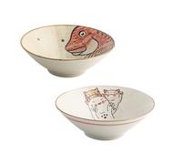 Starry Mart Japanese Ramen Bowl Set - Pack of 2, 20.3cm Diameter, 8.5cm Height, Cute Red Fish & Cat Design, Ceramic Soup & Noodle Bowls for Ramen, Asian Cuisine, Microwave & Dishwasher Safe