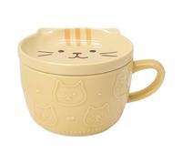 Starry Mart Japanese Style Ceramic Cup with Lid - Shiba Inu, Panda, Cat | 300ml Cute Animal Mug | Tea & Coffee Cup (Yellow Cat)