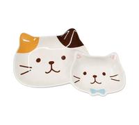 Starry Mart Japanese Style Ceramic Dual Compartment Cat Plate - Cute Cat Design Divided Serving Plate for Snacks & Meals