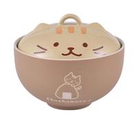 Starry Mart Japanese Style Ceramic Ramen Bowl with Lid - Yellow Cat Design Ø14cm | H11.5cm - Noodle Soup Bowl with Cover (1)