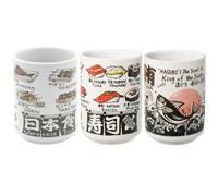 Starry Mart Japanese Style Ceramic Tea Cup Printed Cute Design Microwavable Safe High Temperature Resistance W7.2cm | H10.2cm (3 Cup, Assorted 3 Design)