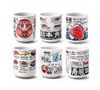 Starry Mart Japanese Traditional Tea Cup Set of 6 - Ceramic Tea Cups Ø7.2cm x H10.2cm | Assorted Japanese Design | Microwave & Oven & Dishwasher Safe