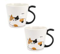 Starry Mart Mike Neko Ceramic Mug 250ml, Japanese Cute Calico Cat Coffee Cup with Tail-Shaped Handle, 8.3×8.5cm, 2Pcs