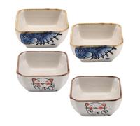Starry Mart Square Sauce Plate - Blue Fish & Cute Pet Cat L7.2cm | H3.5cm (Pack of 4) Ceramic Dipping Bowls for Soy Sauce, Condiments, Appetizers, Dishwasher & Microwave Safe
