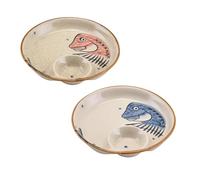 Starry Mart Sushi Plate Set - Blue Fish & Red Fish Round Ceramic Plates with Saucer, 25.5cm Diameter, 4cm Height, Pack of 2 - Japanese Style Dinnerware for Sushi & Appetizers