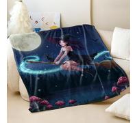 Starry Moonlit Purple Eyed Sorceress Printed Flannel Blanket, Dreamy Fantasy Throw Blanket for Sofa and Bed, Night Sky Decor for Kids and Adults (01,180x200cm)